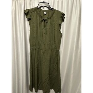 New Old Navy Dress Size L Army Green Pullover Keyhole Neck Ruffle Sleeve Rayon